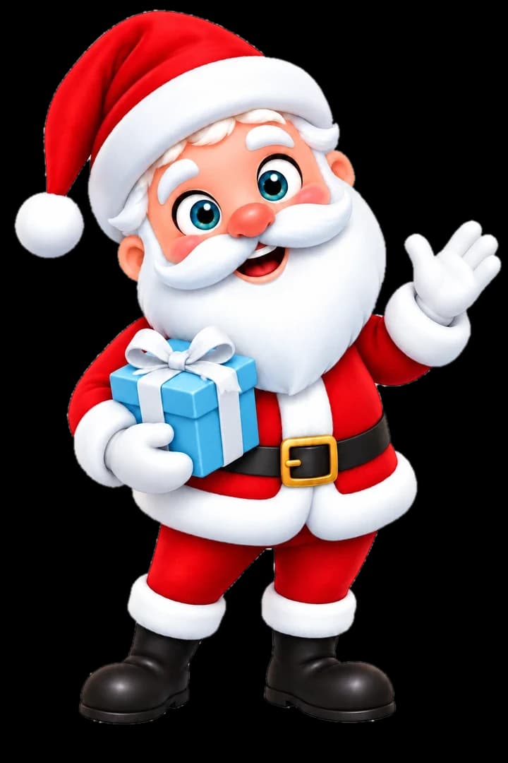 Santa waves hello with a blue wrapped gift.
