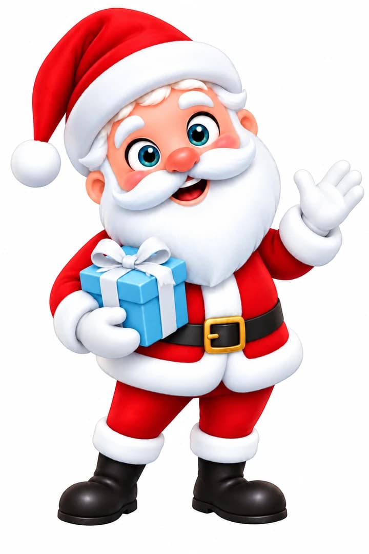 Santa waves hello with a blue wrapped gift.