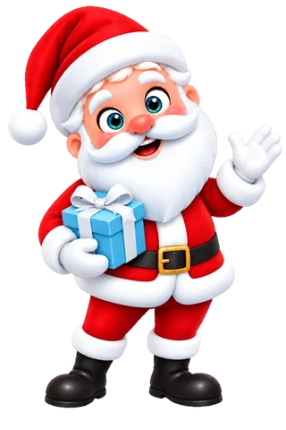 Santa waves hello with a blue wrapped gift.